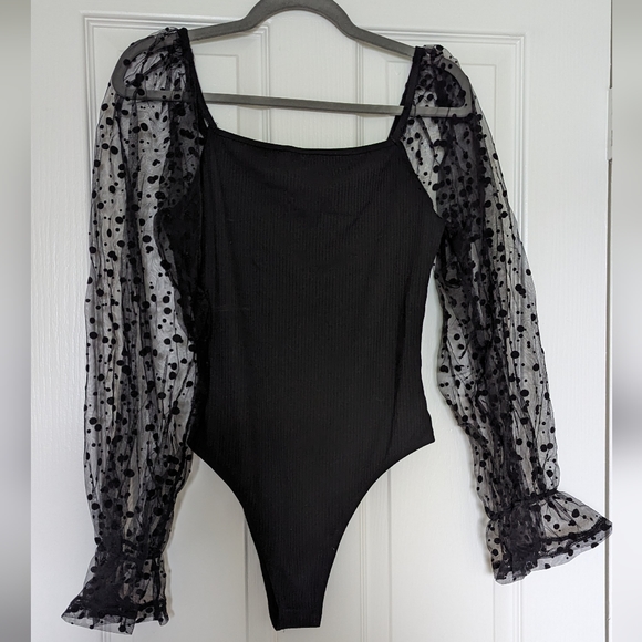 Black Polka Dot Mesh Long Sleeve Body Suit - Picture 2 of 4